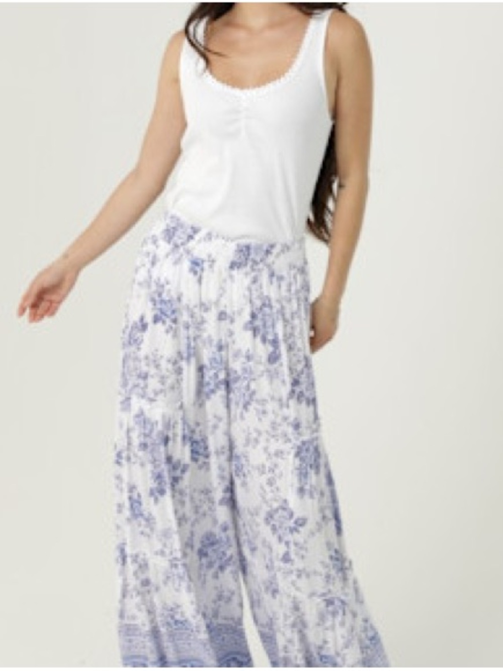 Floral Wide Leg Tiered Pants Ivory/Blue